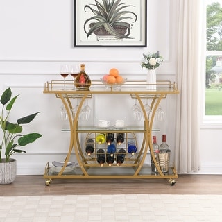 Golden Bar Cart with Wine Rack Tempered Glass Metal Frame
