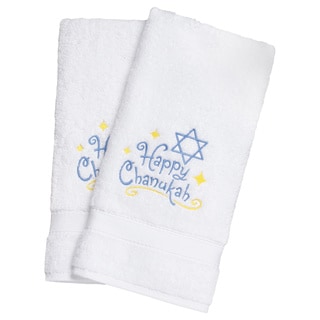 Embroidered Happy Chanukah Holiday Turkish Cotton Hand Towels (Set of 2)