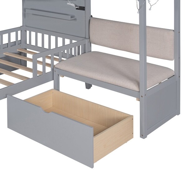 Twin Size House Bed Platform Bed w/ Upholstered Sofa, Charging Station and 2 Drawers, Light Strip