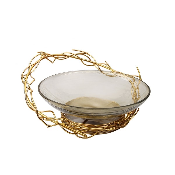 Smoked Glass Centerpiece Bowl with Gold Twig Design