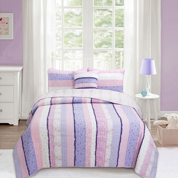 Cozy Line Pink Purple Fun Floral Ruffle Stripe Cotton Quilt Bedding Set