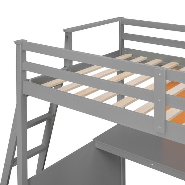 Twin/Full Size Loft Bed with Desk, Wooden Loft Bed Frame with Shelves, Ladder, Loft Bed for Kids Teens Adults
