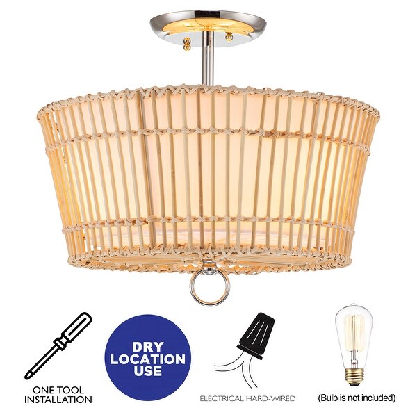 3-Light Natural Rattan&Bamboo Semi Flush Mount with White Linen Shade - Natural Rattan