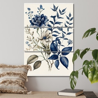 Designart "Dark Indigo Flower In Retro Colors III" Floral Canvas Art Print - 3 Panels