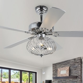 3-Speed Modern Industrial Metal Caged Ceiling Fan with Remote Control and Light Kit, Silvery