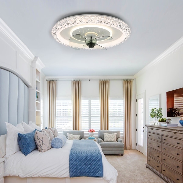 Bella Depot White Modern Flush Mount Ceiling Fan,6- Speed Low Profile Crystal Ceiling Fan with Remote and Dimmable Light
