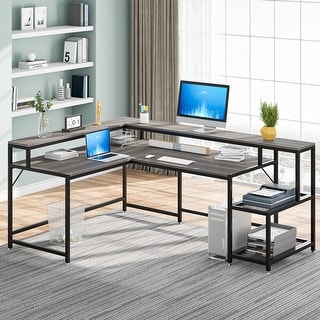 L Shaped Desk with Monitor Stand, 69 Inch Large Reversible Corner Desk with Storage Shelf