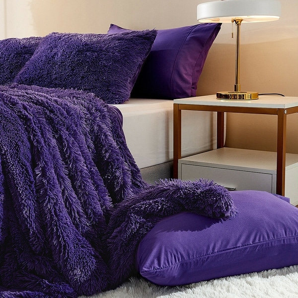 Warm Plush Shaggy Fur Duvet Quilt with Pillowcases Twin Purple