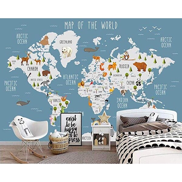 Peel&Stick Blue World Map Wall Mural Cartoon Animal Wallpaper