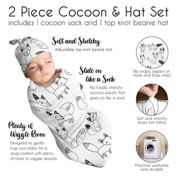 Woodland Fox Boy or Girl Baby Cocoon and Beanie Hat Sleep Sack - 2pc Set - Black and White Forest Animal Gender Neutral Unisex