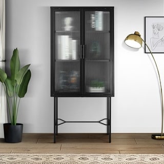 Minimalist Retro Fluted Glass Storage Cabinet, Metal Freestanding Tall Display Cabinet with Adjustable Shelves, Sideboard Buffet