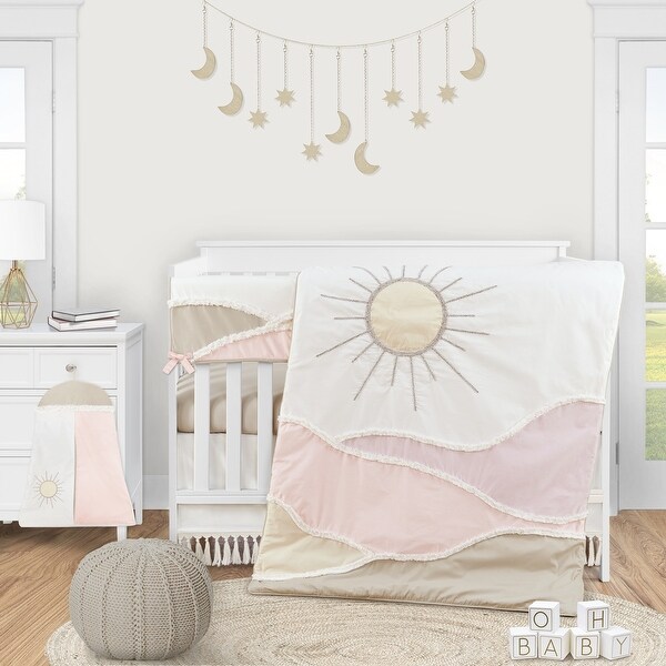 Boho Desert Sun Collection Girl Boy Crib Bed Skirt - Ivory Beige Off White Cream Bohemian Tassles Fringe Macrame Cotton Neutral