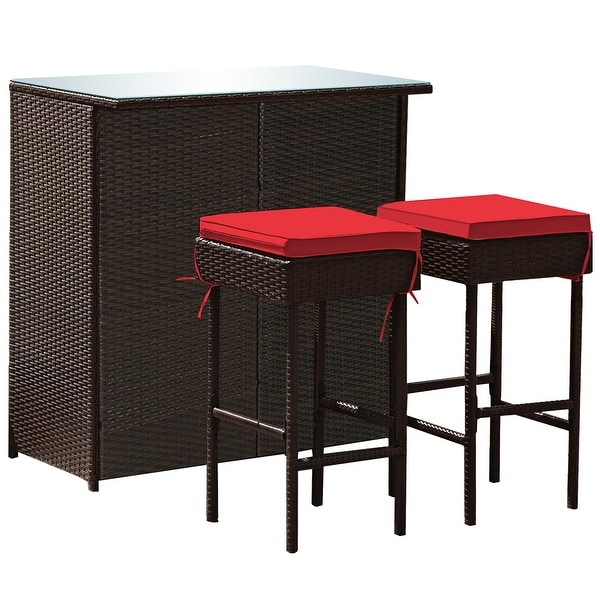 Outdoor 3PCS Patio Wicker Rattan Bar Set Table w/2 Cushioned Stools