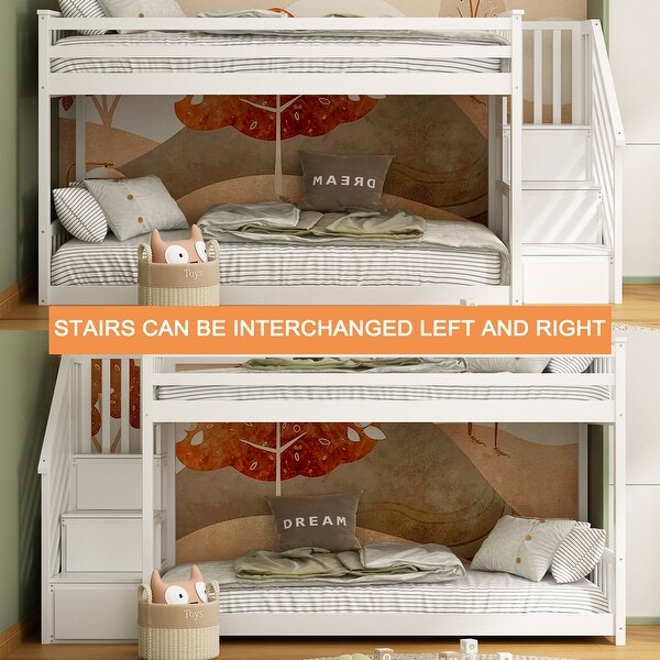 Bunk Bed Twin Over Twin with Stairs, Bunk Beds with Storage Drawers