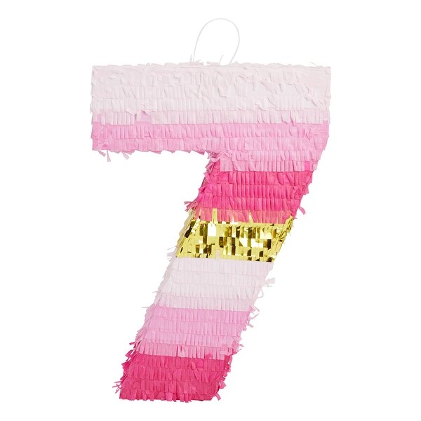 Small Pink and Gold Foil Number 7 Pinata for Kids 7th Birthday Party Decorations (16.5 x 10 Inches)