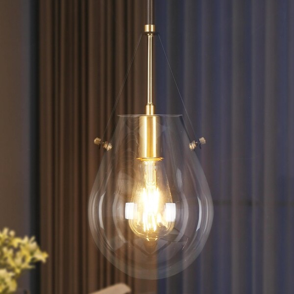 Cavitt Modern Contemporary 1-Light Mini Pendant Light Gold Tear Drop Unique Glass Kitchen Lighting - D 6.7" x H 74.1"