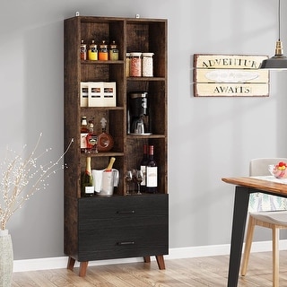 5 Shelf Bookshelf with 2 Storage Drawers Cabinet,5 Tier Mid-Century Modern Bookcase, Rustic Brown