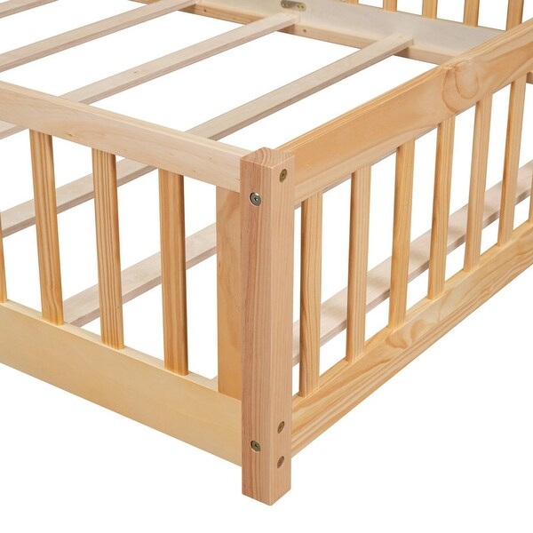 Twin/Full/Queen Size Floor Bed with Fence and Door, Wooden Montessori Platform Bed Frame Daybed Playpen Bed for Kids, Boys Girls