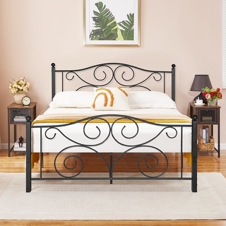 Metal Platform Bed Frame with Scroll Headboard