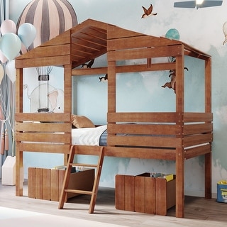 Treehouse Twin Size Low Loft Bed with 2 Storage Boxes, Solid Wood Slats Support, Cabin Lodge style for Kids' Bedroom Funiture