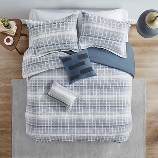 Liam 5 Piece Cotton Jacquard Waffle Weave Duvet Cover Set Blue by Urban Habitat