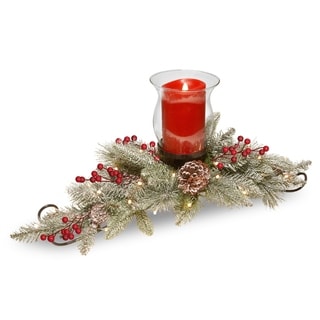 30" Snowy Bristle Berry Candle Holder Centerpiece with Battery operated LED lights