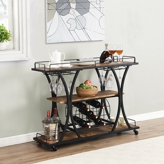 Mordern Industrial Black Bar Cart with Wine Rack and Glass Holder