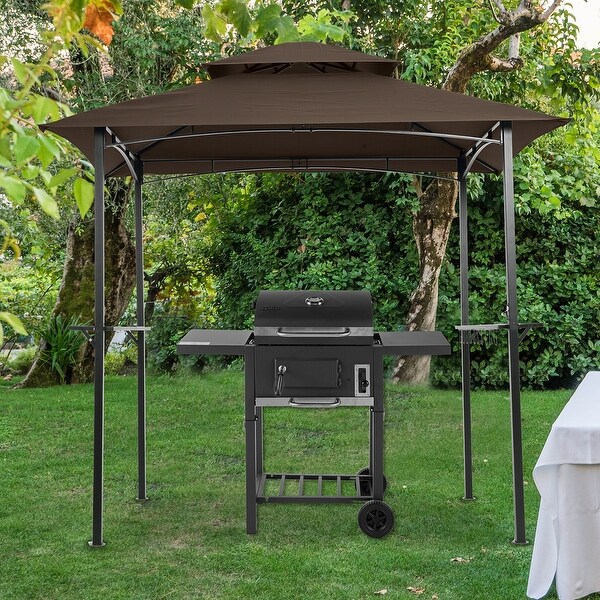 8' x 5' Outdoor Grill Gazebo, Steel Frame Garden Event Party Tent, 2-Tier Patio Gazebo Canopy with Hook and Bar Counters