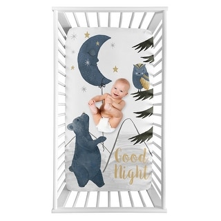 Woodland Bear and Owl Boy or Girl Photo Op Fitted Crib Sheet - Navy Blue Grey Gold Black Celestial Moon Star Watercolor Forest