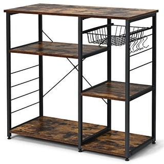 Industrial Kitchen Baker's Rack Microwave Shelf with 6 Hooks - 35.5" x 16" x 33.5" (L x W x H)