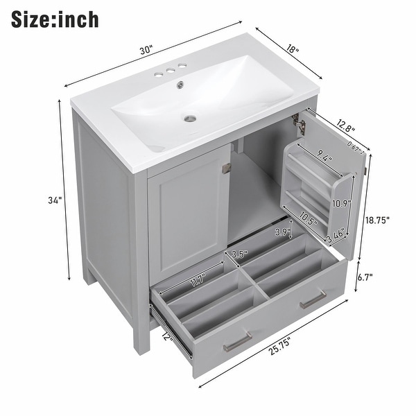 30" Grey Bathroom Vanity with Single Sink and Multifunctional Storage