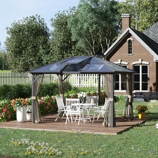 Outsunny 10x12 Hardtop Gazebo with Aluminum/Metal Frame, Polycarbonate Gazebo Canopy with Netting and Top Vent