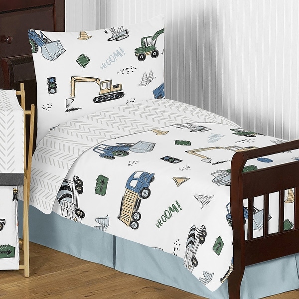 Construction Truck Collection Boy 5pc Toddler-size Comforter Set - Grey Yellow Black Blue and Green Transportation Chevron Arrow