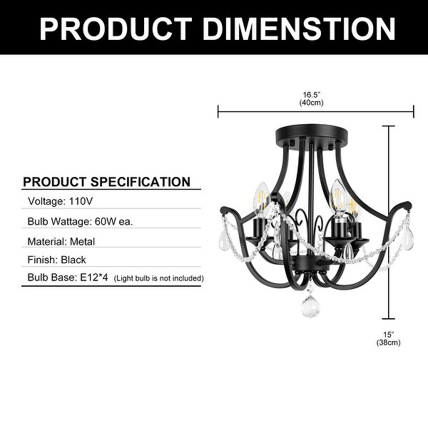 YANSUN 15.75 in. 4-Light Black Modern Crystal Semi Flush Mount Ceiling Light Fixture for Foyer Kitchen Hallway Bedroom