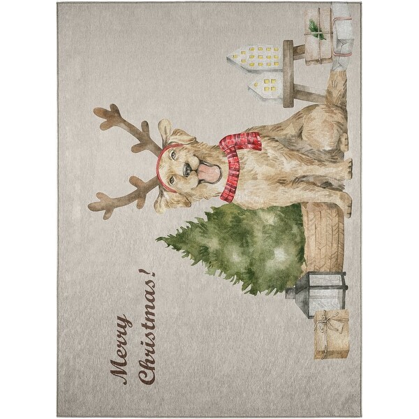 Indoor/ Outdoor Cozy Winter Taupe Washable Christmas Dog Rug
