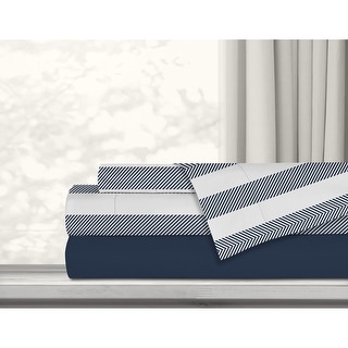 Antibacterial Printed Solid 4 Piece Double Navy Sheet Set