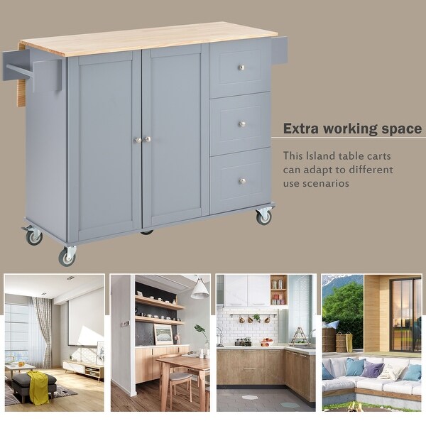 52.7 Inches Wide Rolling Moving Kitchen Island, Solid Wood Top and Lockers with Wheel Drawers, Towel Rack & Drawer