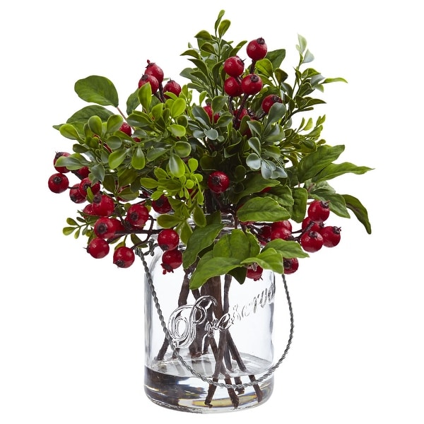 Berry Boxwood in Glass Jar - H: 11 In. W: 11 In. D: 11 In.