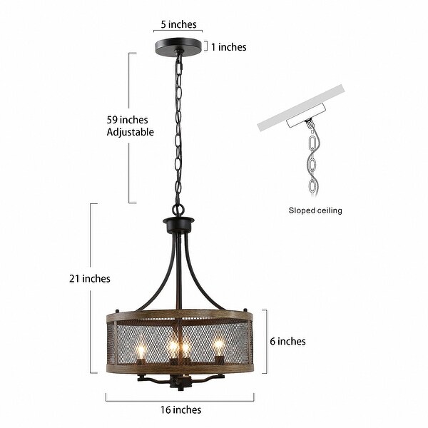 YANSUN 4-Light Black and Wood Finish Drum Chandeliers Farmhouse Industrial Pendant Lighting for Dining Room Living Room - 16 in.