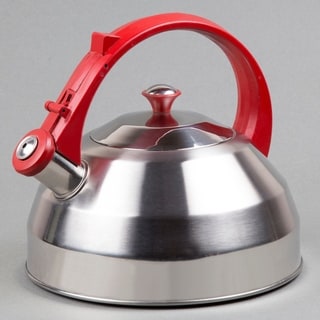 Creative Home Steppes 2.8 Quart Stainless Steel Whistling Tea Kettle with Aluminum Capsulated Bottom, Red Handle and Knob