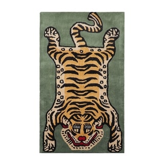 Hand Tufted Hand Made Wool Tiger Novelty Oriental Area Rug Celadon - 3' x 5'