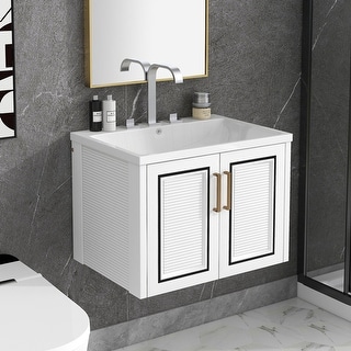 24‘� Bathroom Vanity with Ceramic Sink Combo, Wall Mounted Bathroom Storage Cabinet Vanity Set with 2 Shutter Doors