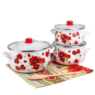 STP Goods Poppies Enameled Deep Casserole Set of 3 w/Towel & Spoon