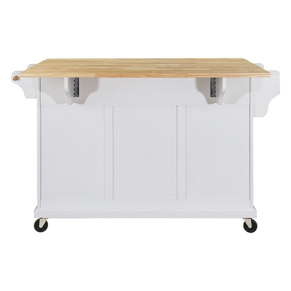 57.5" Kitchen Island Natural Wood Top Drop Leaf Kitchen Storage Dining Cart with Locking Wheels