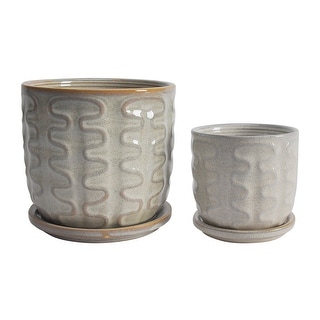 Ceramic Set of 2 5, 6" Wiggly Planter with Saucer, Beige 6.0"H - 6.0" x 6.0" x 6.0"