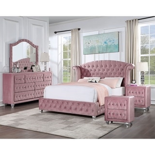 Vyvi Glam Pink Fabric 5-Piece Upholstered Panel Bedroom Set by Furniture of America