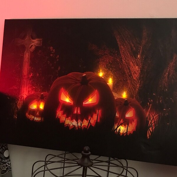 LED Jack-O-Lanterns a Cemetery Halloween Canvas Wall Art 23.5"x15.5"
