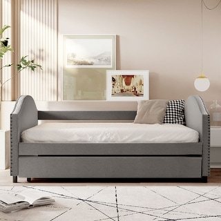 Full Upholstered Daybed with Twin Trundle & Wood Slat Support