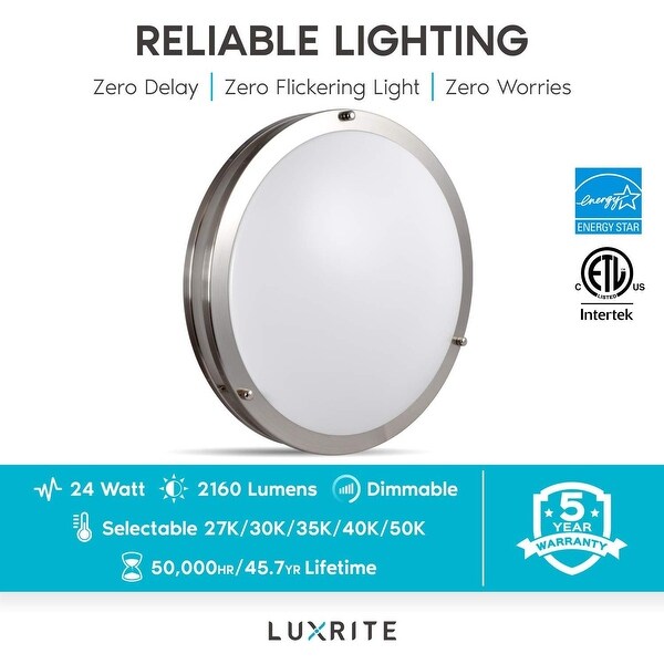 Luxrite 18 Inch LED Flush Mount Ceiling Light, Color Temperature Selectable 2700K / 3000K / 3500K / 4000K / 5000K