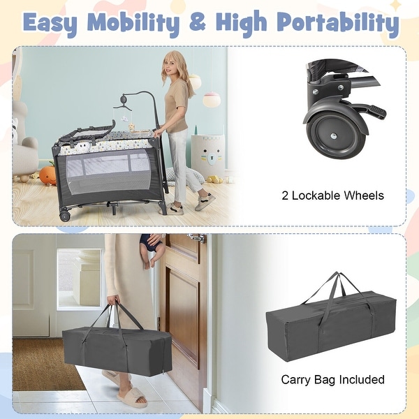 Gymax Portable Baby Playard Nursery Center Crib Bassinet w/ Hanging